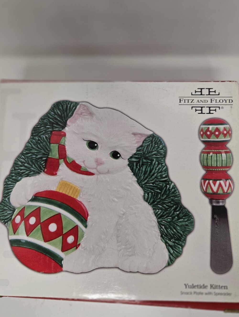 Fitz and Floyd Yuletide Kitten Snack Plate with Spreader 2008 New Open Box